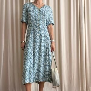 Halmode Petites Blue and White Floral Midi Dress- 90s - Size 10 (Fits M)
